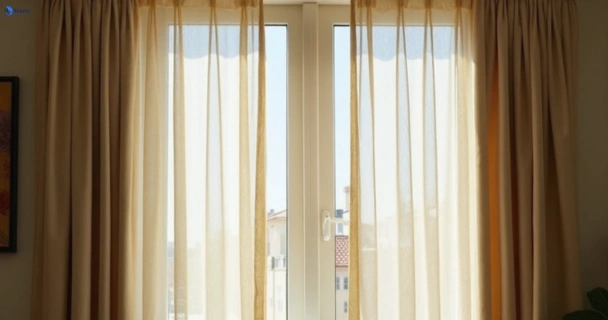 Dull dusty drapes in forest-lake before professional cleaning